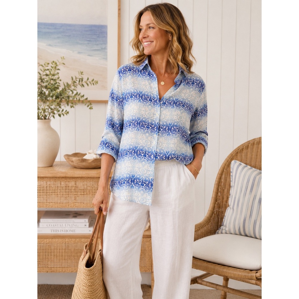 Charter Club Linen Button-Up Women's XL Celtic Knot Blue/White Coastal Beach